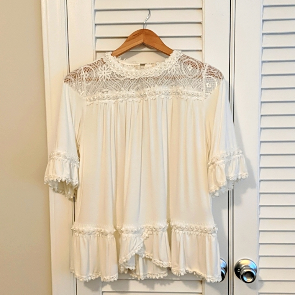 Lace Tunic, Off-white with Pearl Details